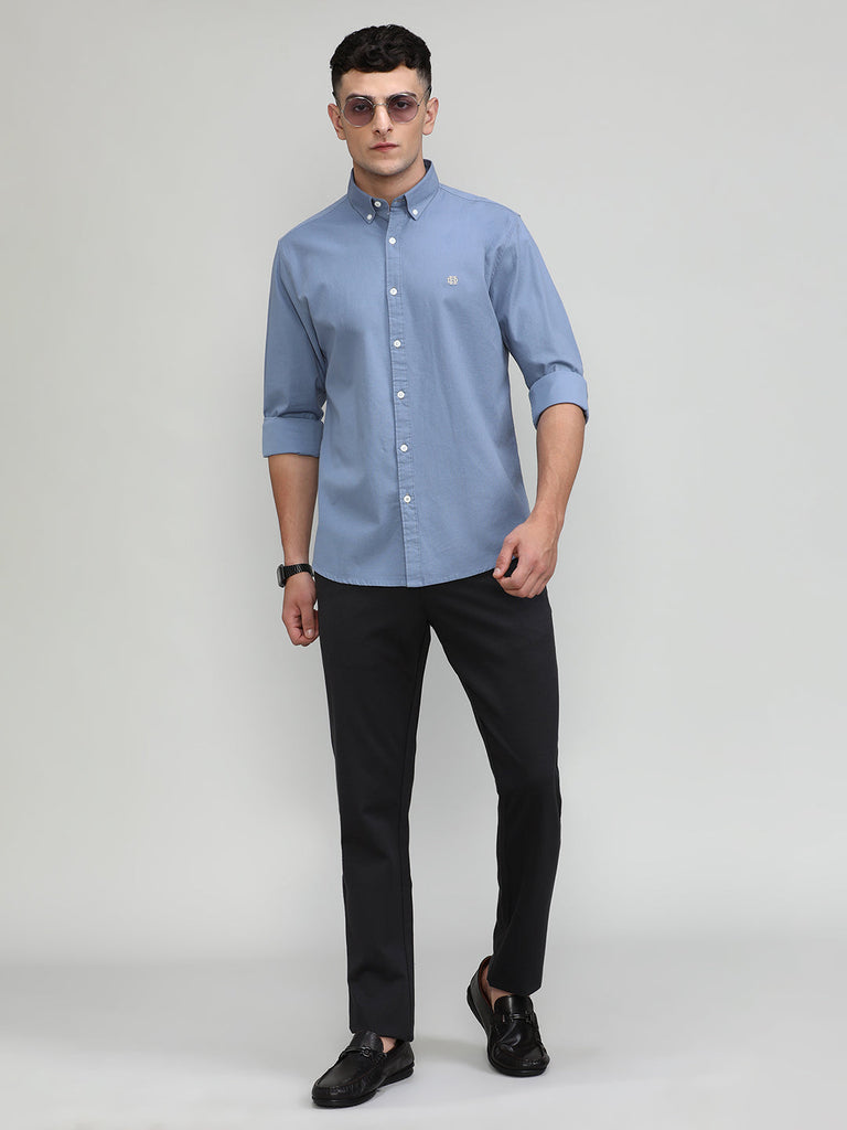 Carbon Blue Slim Fit Premium Cotton Lycra Solid Shirt