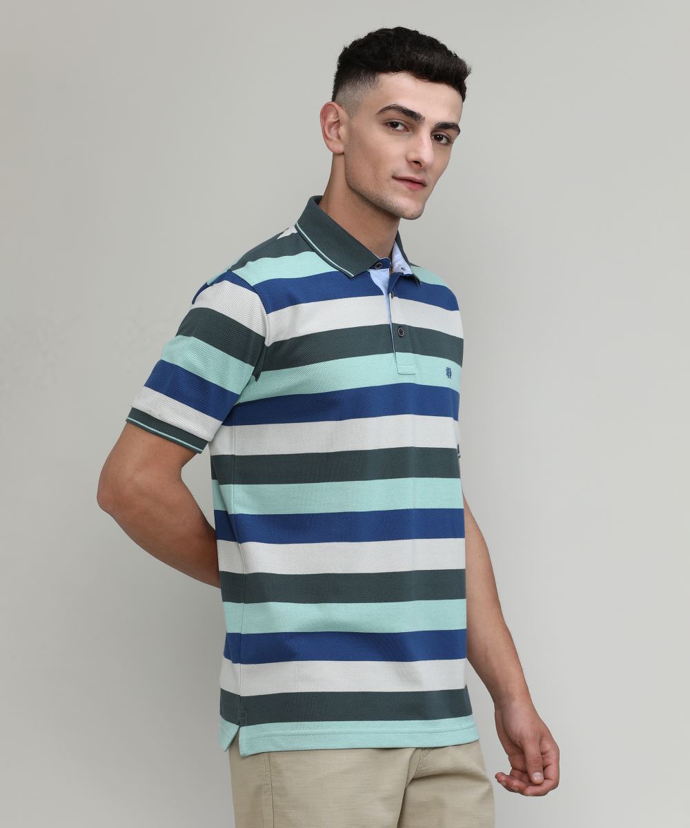 Fern Pique Cotton Lycra Stripes Polo T-shirt