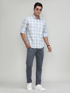 Light Grey Slim Fit Premuim Cotton Checks Shirt With Bone Collar & Pocket