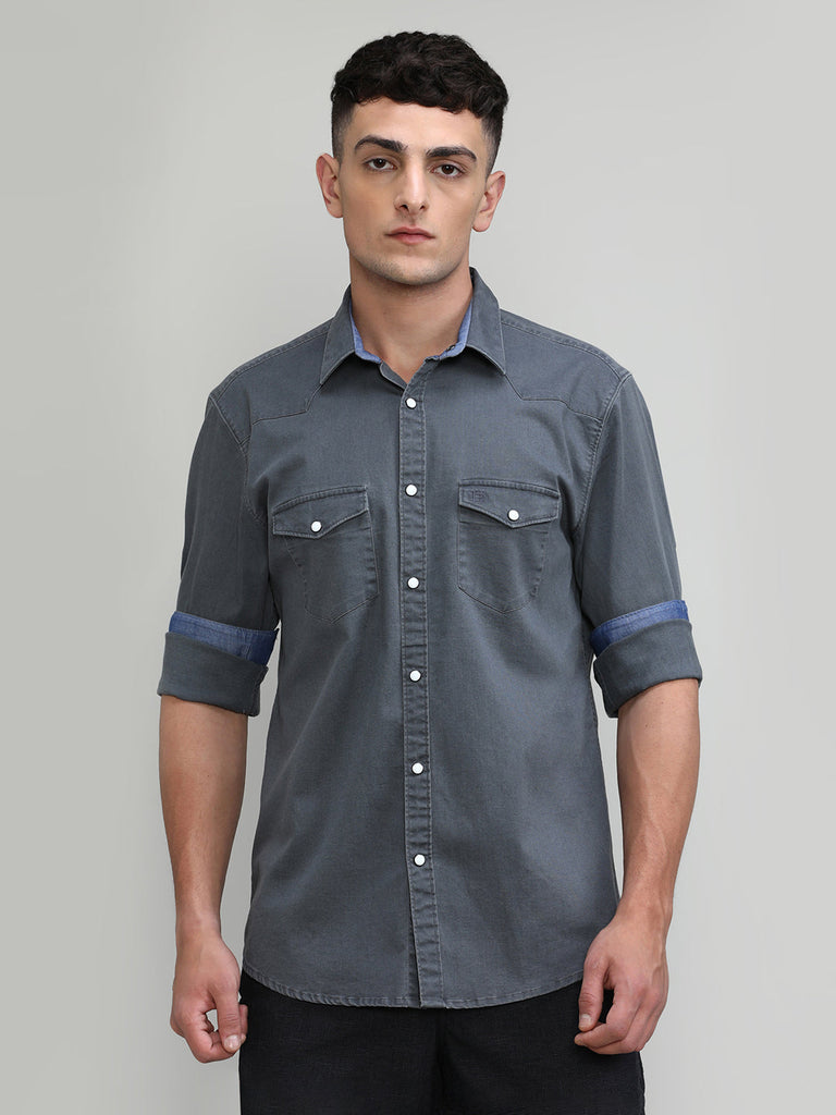 Cement Slim Fit Premium Cotton Lycra Solid Shirt With Pocket