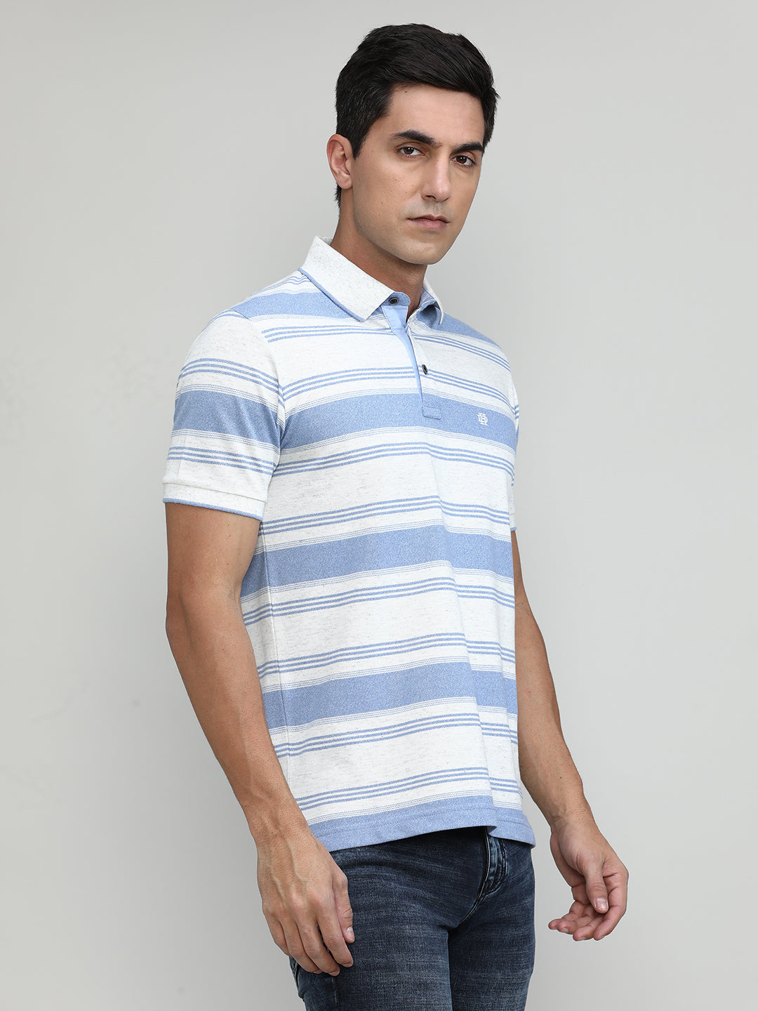 Summer Sky Pique Cotton Lycra Stripes Polo T-shirt