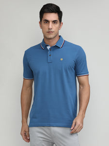 AF Blue Pique Cotton Lycra Solid Polo T-shirt