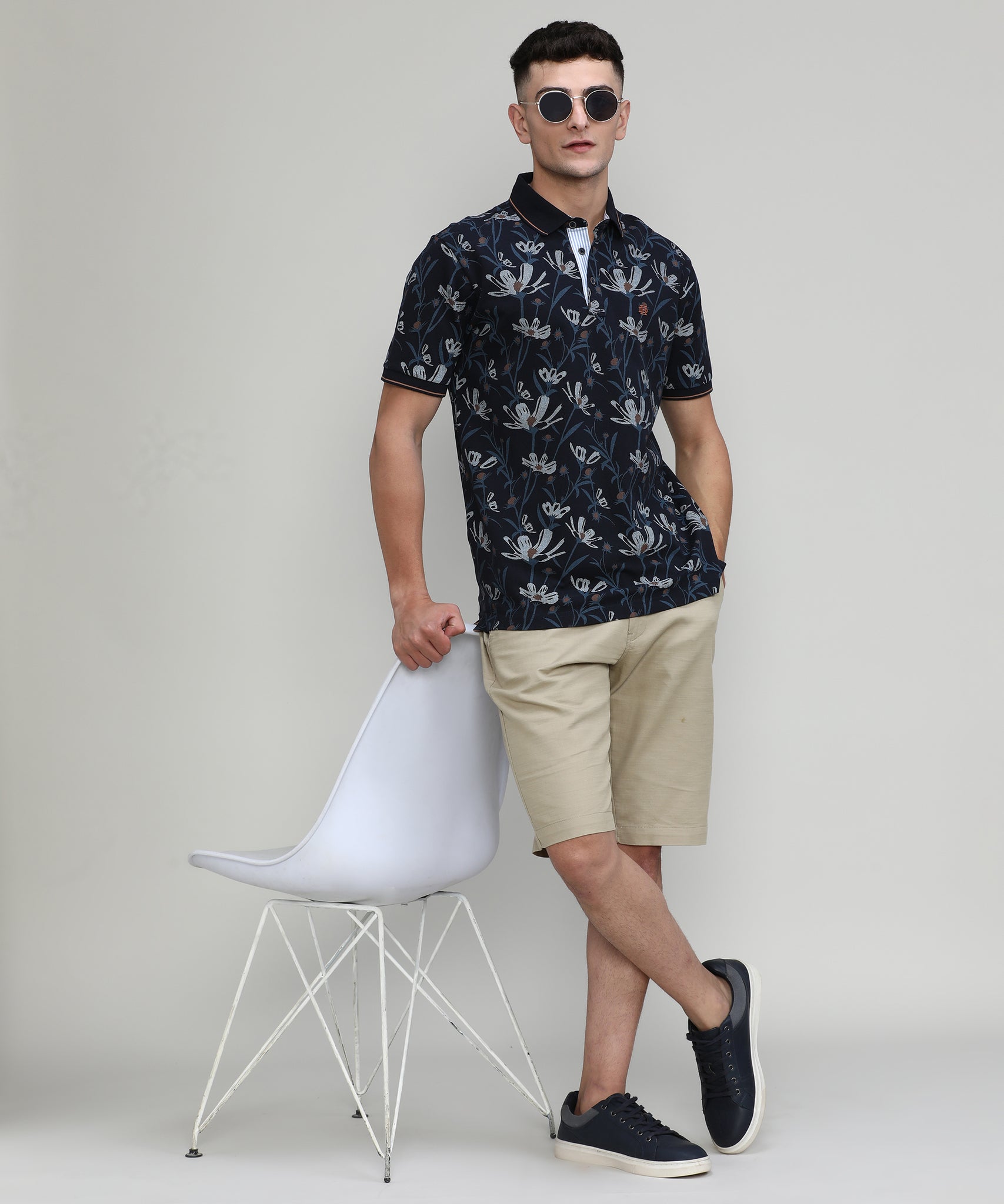 Navy Pique Cotton Lycra Printed Polo T-shirt