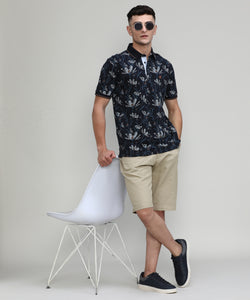 Navy Pique Cotton Lycra Printed Polo T-shirt