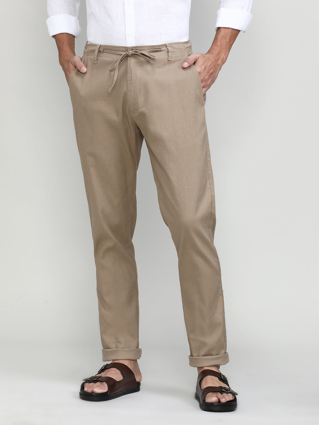 Khaki Cotton Travel Trousers Slim Tapered Fit