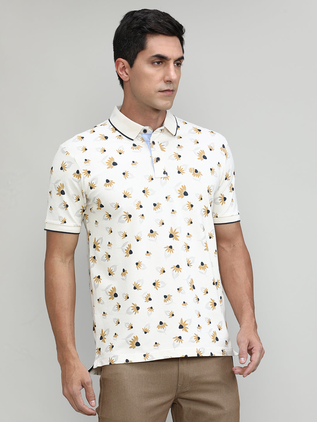 Butter Cream Pique Cotton Lycra Printed Polo T-shirt