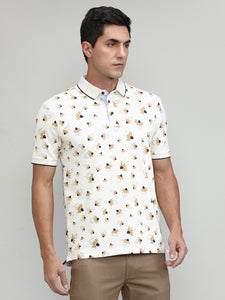 Butter Cream Pique Cotton Lycra Printed Polo T-shirt