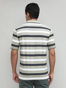 Sand Pique Cotton Lycra Stripes Polo T-shirt