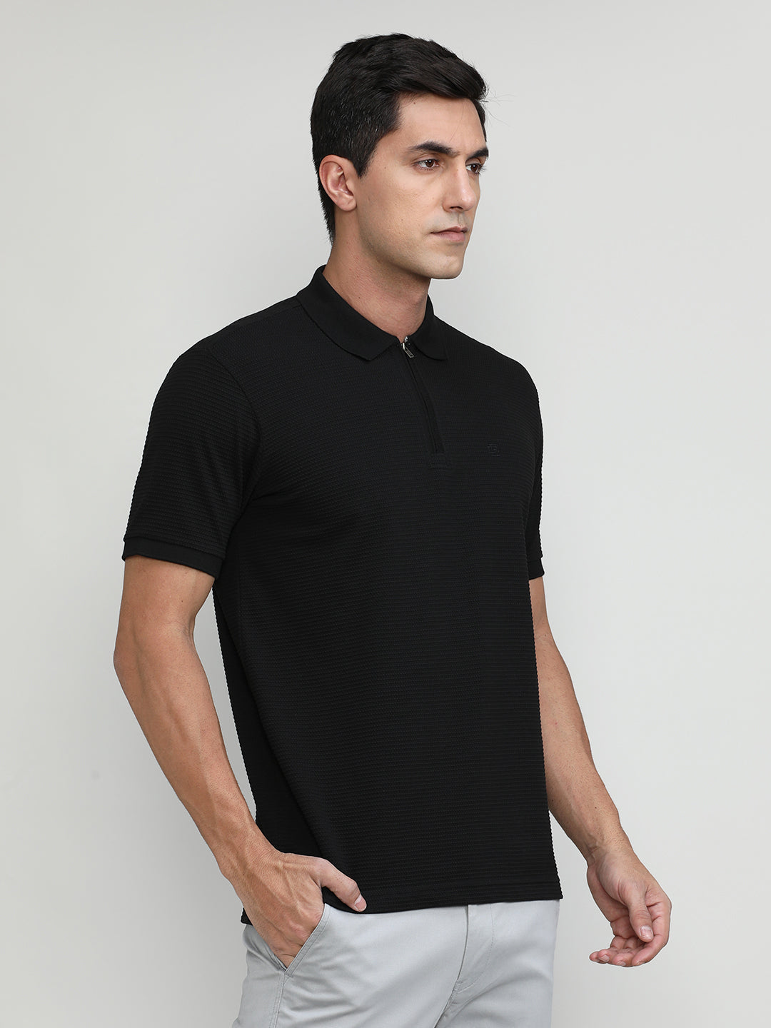 Navy Popcorn Weave Cotton Lycra Solid Polo T-shirt