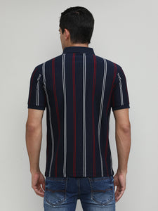 Navy Pique Cotton Lycra Stripes Polo T-shirt