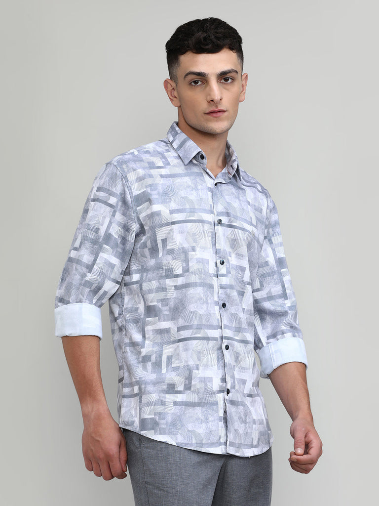 Grey Slim Fit Premium Cotton Printed Shirt