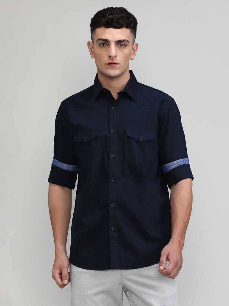 Black Slim Fit Premium Cotton Lycra Solid Shirt With Pocket