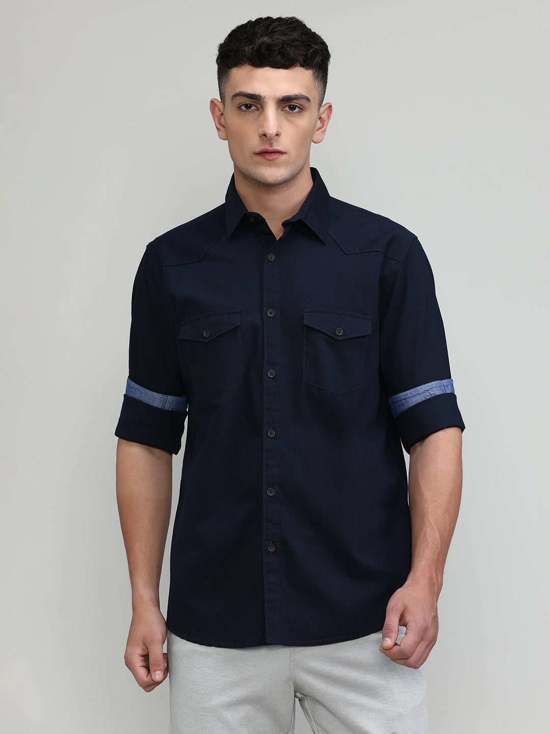 Black Slim Fit Premium Cotton Lycra Solid Shirt With Double Pocket