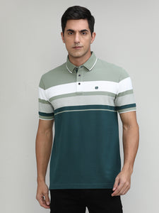 Olive Pique Cotton Lycra Stripes Polo T-shirt