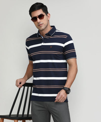 Deep Navy Pique Cotton Lycra Stripes Polo T-shirt