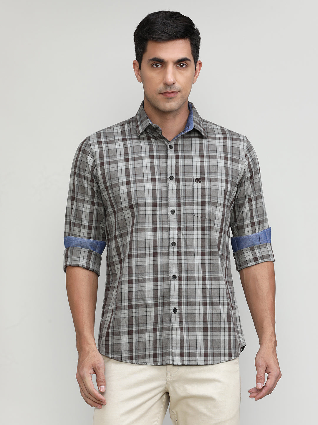 Light Brown Slim Fit Premuim Cotton Checks Shirt With Regular Pocket-SS25