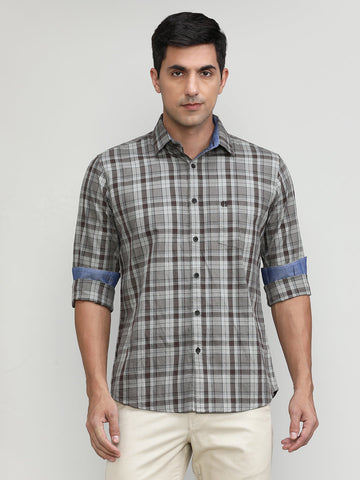 Light Brown Slim Fit Premuim Cotton Checks Shirt With Regular Pocket