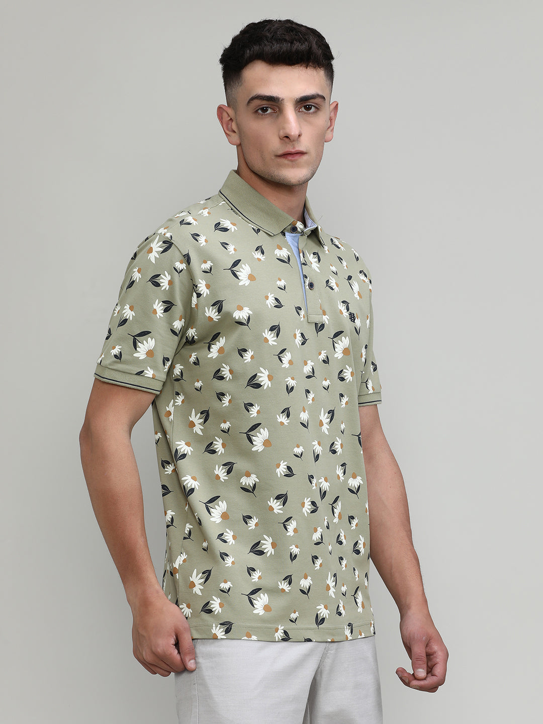 Olive Pique Cotton Lycra Printed Polo T-shirt