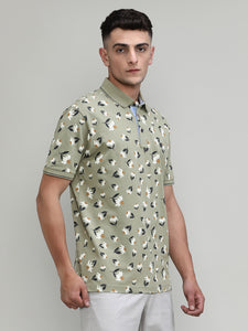 Olive Pique Cotton Lycra Printed Polo T-shirt