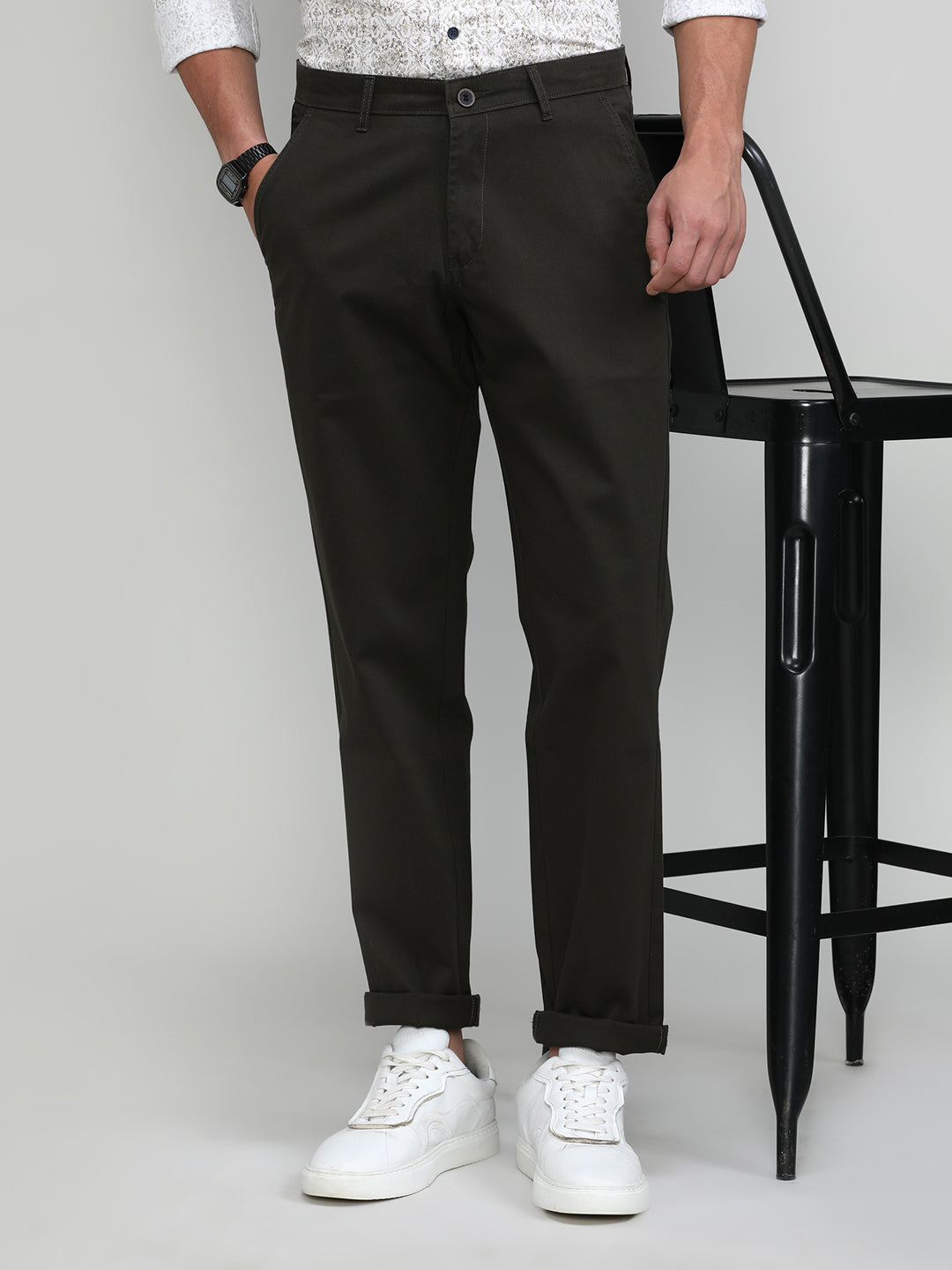Dark Olive Shade Cotton Trousers Slim Tapered Fit