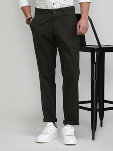 Dark Olive Shade Cotton Trousers Slim Tapered Fit