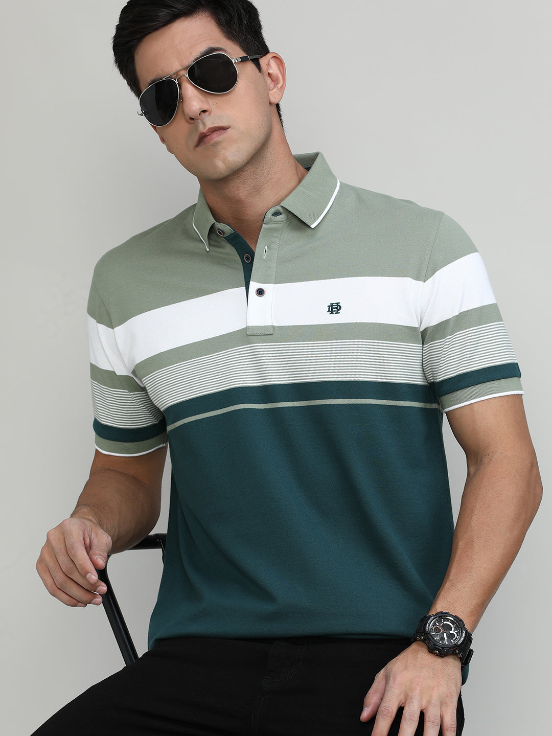 Olive Pique Cotton Lycra Stripes Polo T-shirt