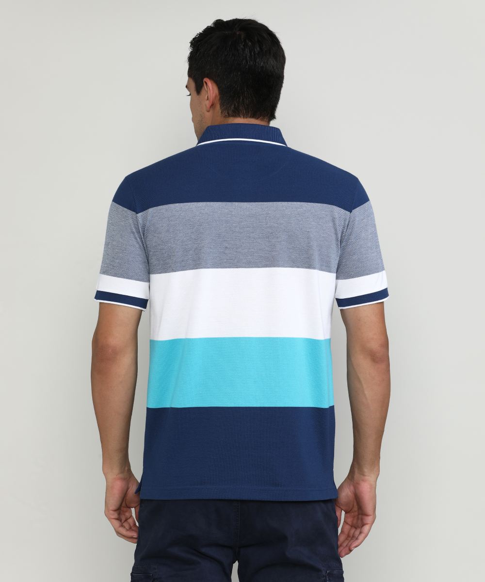 Marine Pique Cotton Lycra Stripes Polo T-shirt