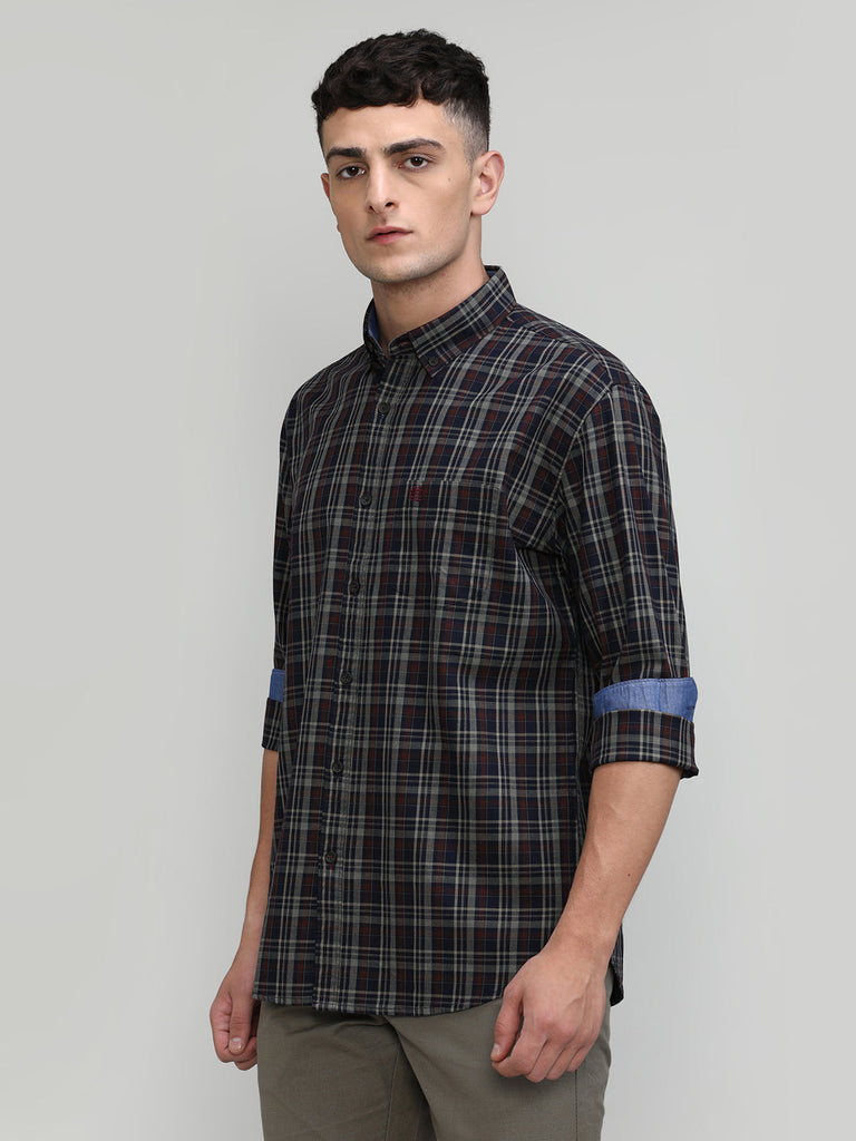 Navy Slim Fit Premuim Cotton Checks Shirt With Regular Pocket