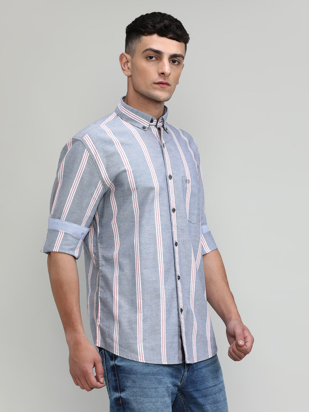Grey Slim Fit Premium Cotton Lycra Stripe Shirt With Pocket-SS25
