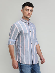 Grey Slim Fit Premium Cotton Lycra Stripe Shirt With Pocket-SS25