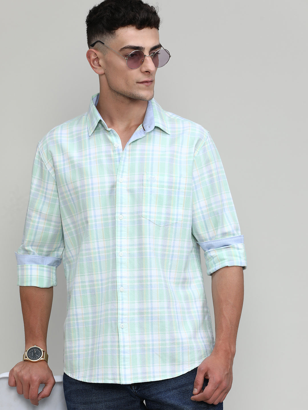 Fresh Mint Slim Fit Premuim Cotton Checks Shirt With Regular Pocket