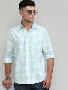Fresh Mint Slim Fit Premuim Cotton Checks Shirt With Regular Pocket