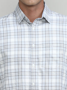 Light Grey Slim Fit Premuim Cotton Checks Shirt With Bone Collar & Pocket