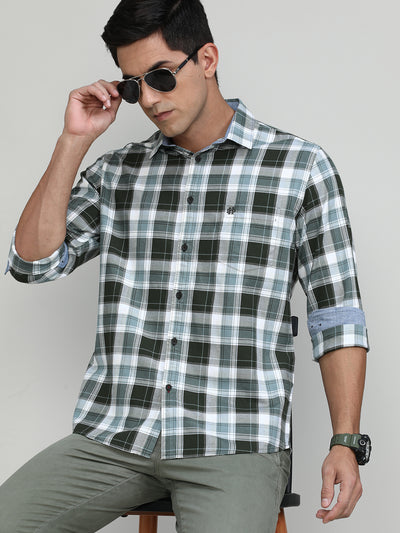 Forest Slim Fit Premuim Cotton Checks Shirt With Bone Collar & Pocket