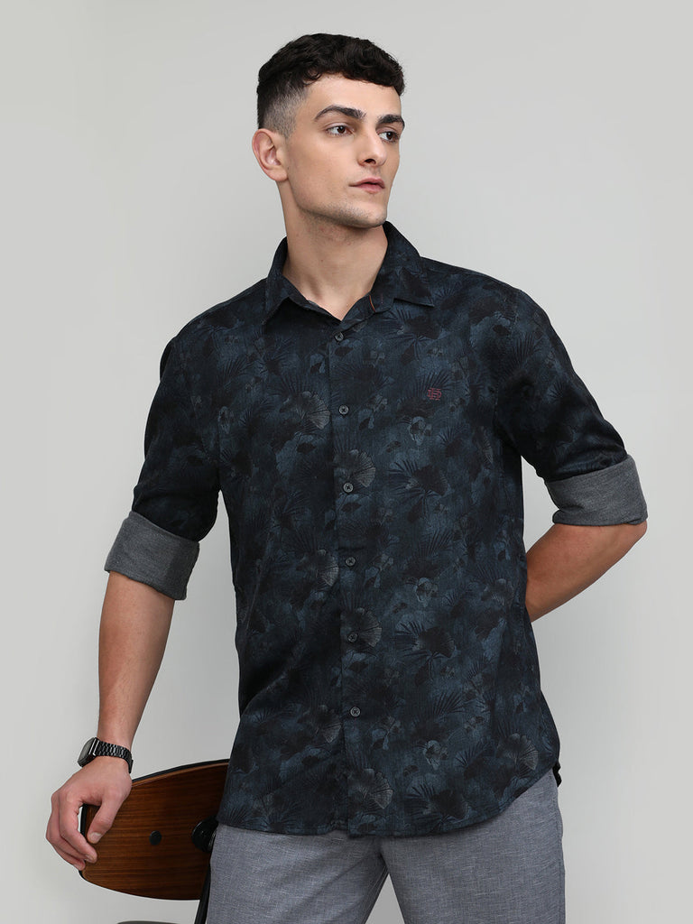 Black Slim Fit Premium Cotton Printed Shirt