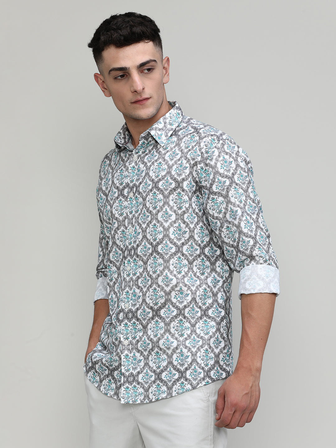 Exclusive Purple Collection Beige Slim Fit Printed Premium Cotton Linen Shirt