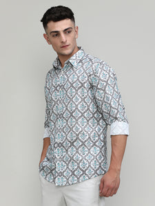 Exclusive Purple Collection Beige Slim Fit Printed Premium Cotton Linen Shirt