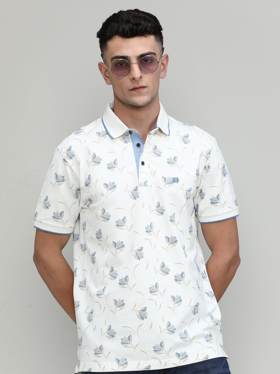 White Sand Pique Cotton Lycra Printed Polo T-shirt