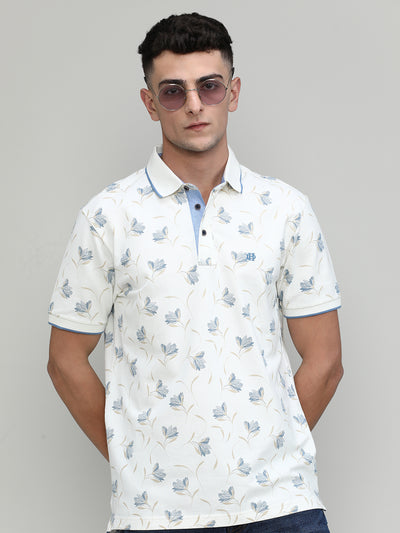 White Sand Pique Cotton Lycra Printed Polo T-shirt