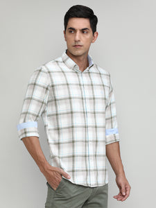 Beige Slim Fit Premuim Cotton Checks Shirt With Button Down Collar