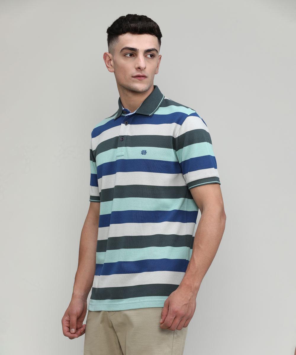 Fern Pique Cotton Lycra Stripes Polo T-shirt