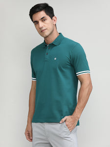 Bottle Green Pique Cotton Lycra Solid Polo T-shirt
