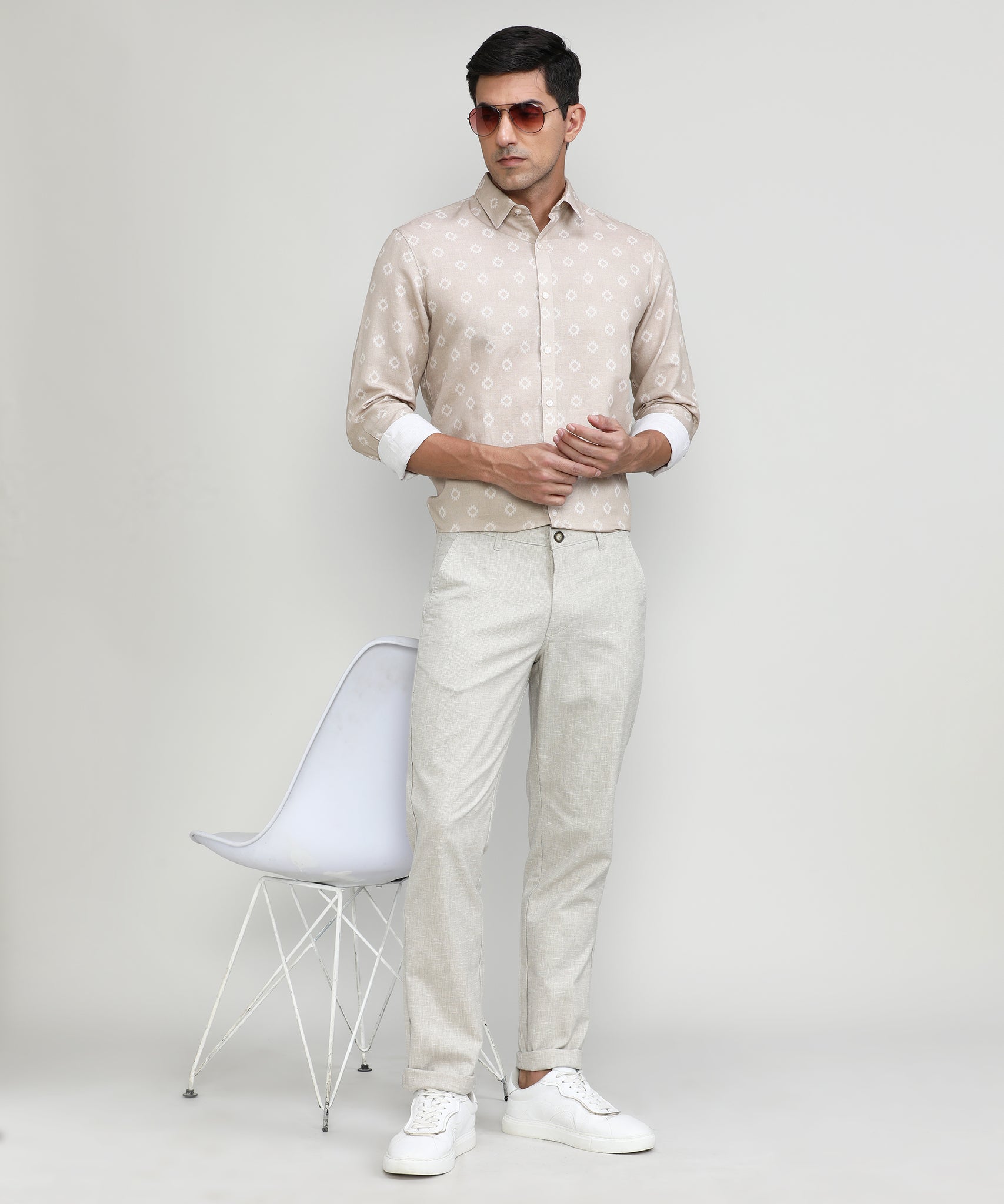 Natural Shade Cotton Trousers Slim Tapered Fit