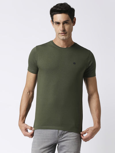 Olive Jersey Lycra Round Neck T-shirt