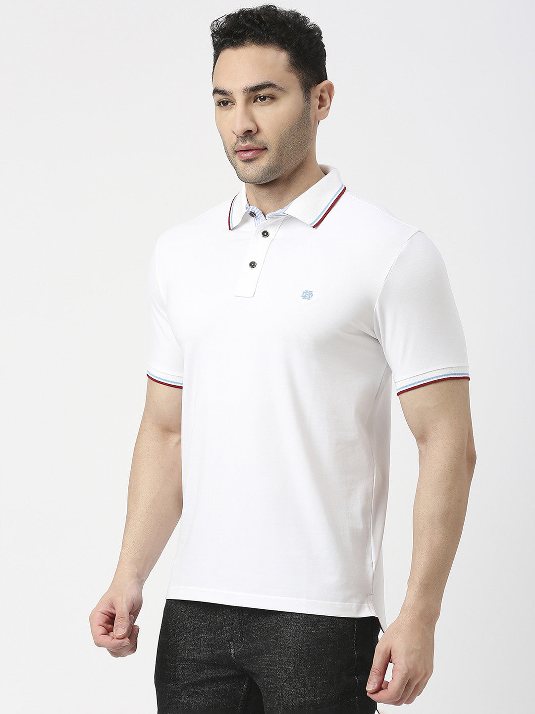 White Pique Lycra Polo T-Shirt With Tipping Collar