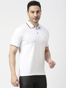 White Pique Lycra Polo T-Shirt With Tipping Collar