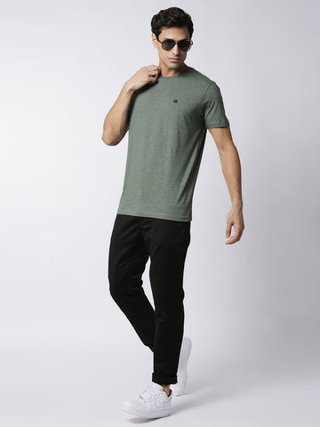 Olive Green Melange Round Neck Plain T-shirt