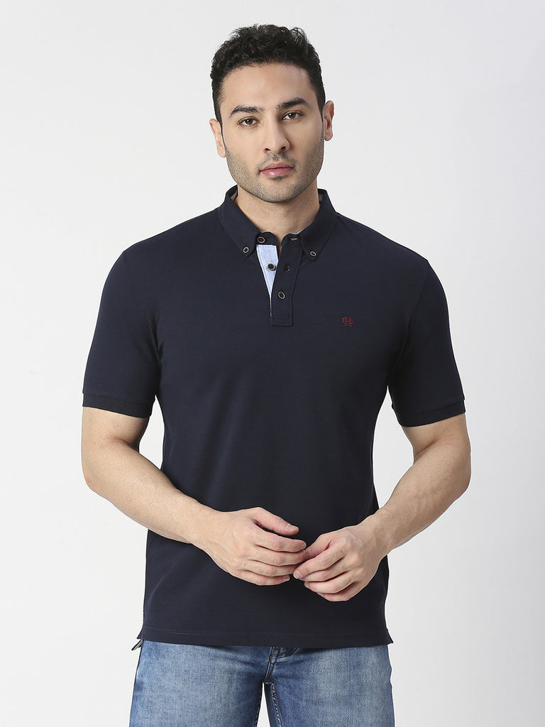 Navy Blue Cotton Lycra Button Down Polo T-shirt – Dragon Hill Lifestyle