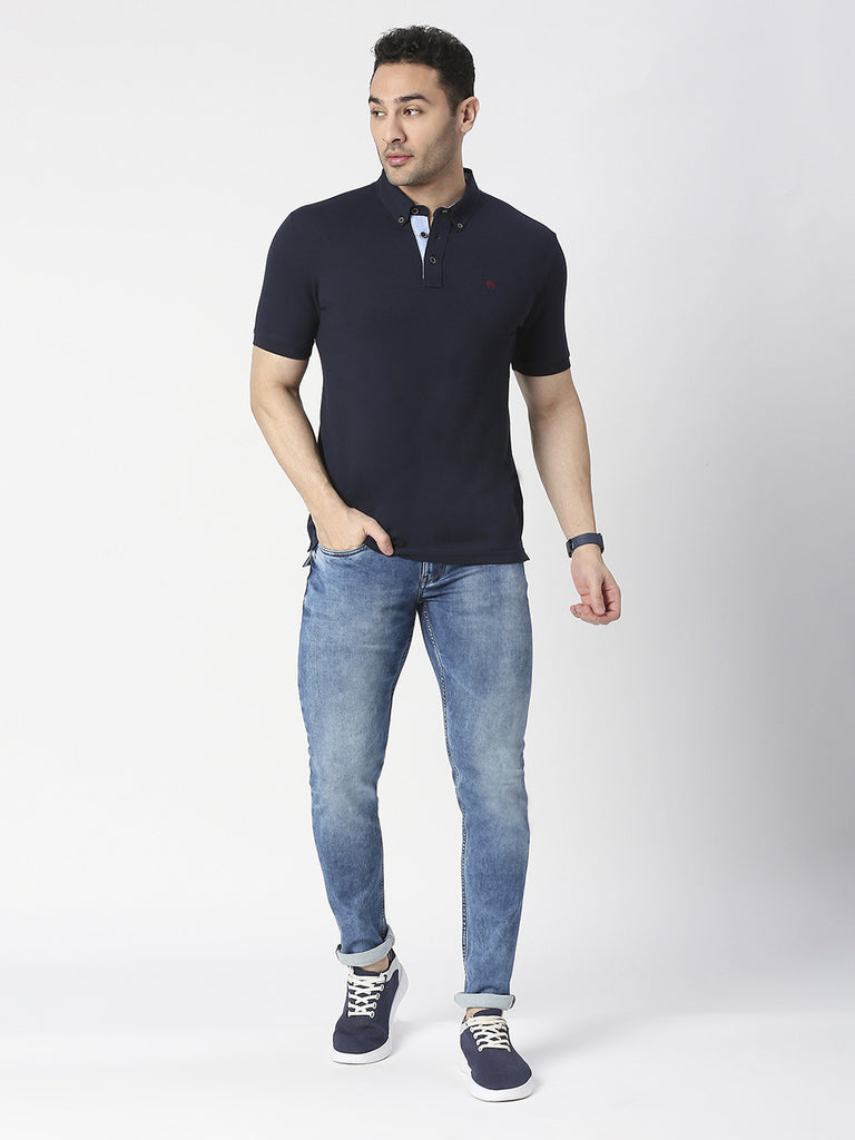 Navy Blue Cotton Lycra Button Down Polo T-shirt – Dragon Hill Lifestyle