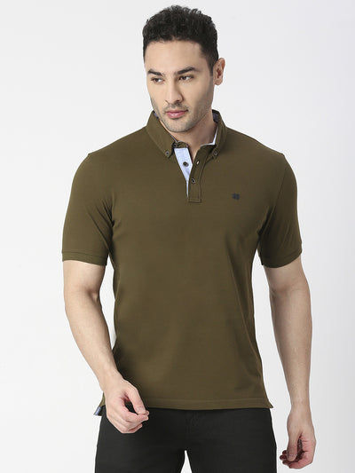 Olive Cotton Lycra Button Down Polo T-shirt